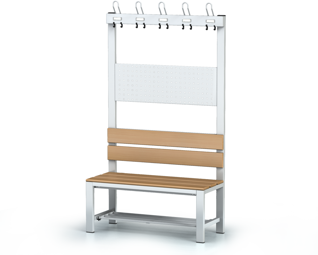 Bank mit Lehne und Kleiderhaken, Buchenlatten - mit kippbarem Rost 1800 x 1000 x 430